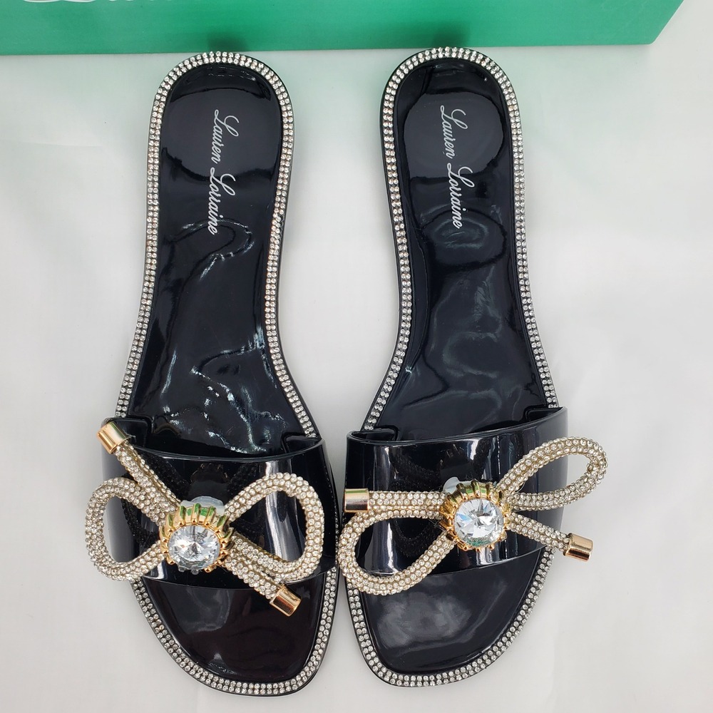 Lauren Lorraine Breeze Black Jelly Slide Sandals Rhinestone Bow Womens 7.5 New - Picture 3 of 8